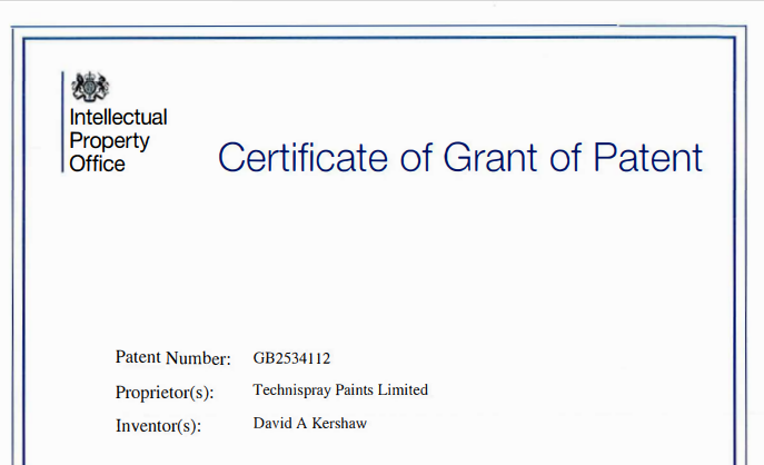 Aquatek, odourless paint, patent certificate